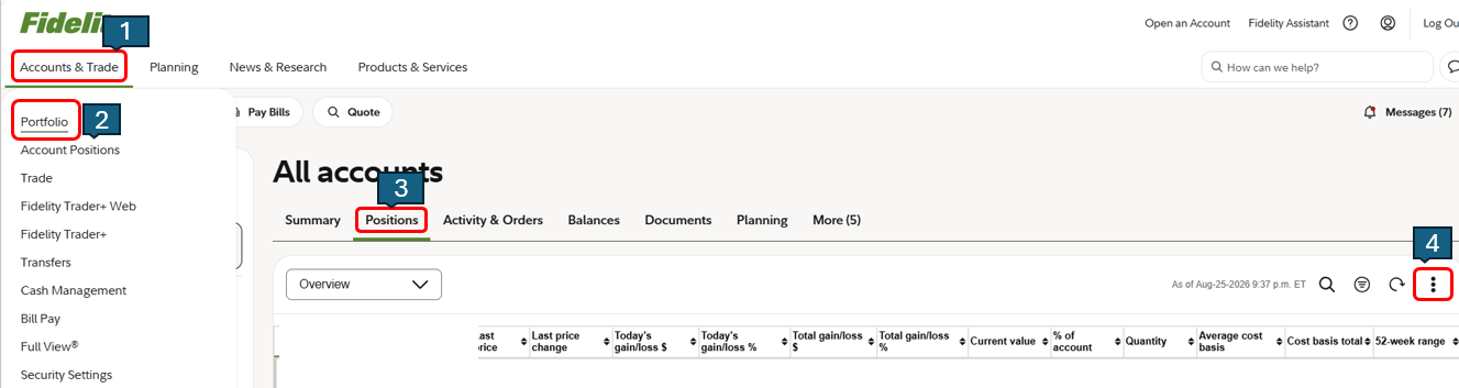 Fidelity Accounts and Trade to Portfolio, Positions, and More menu highlighted