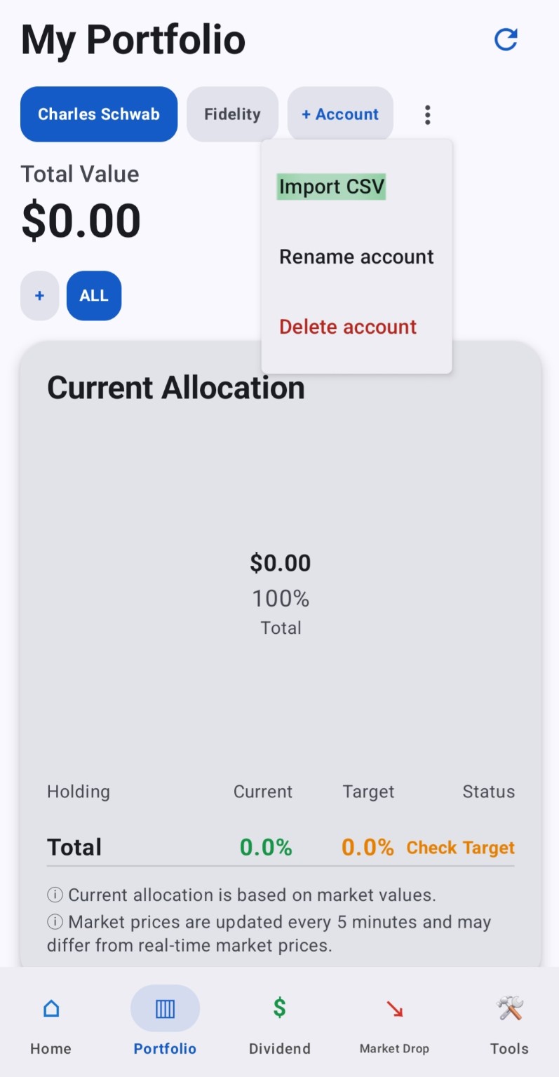 KIFOLIO Portfolio screen showing the Import CSV option in the account menu