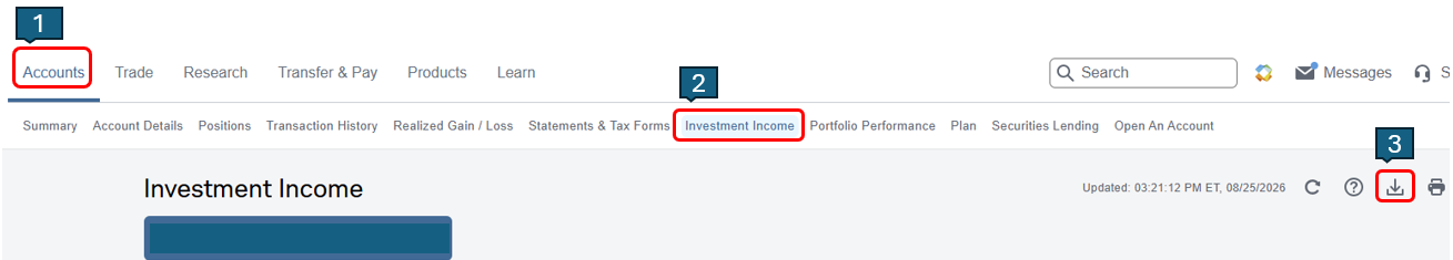 Charles Schwab Investment Income page with Accounts, Investment Income, and Download icon highlighted