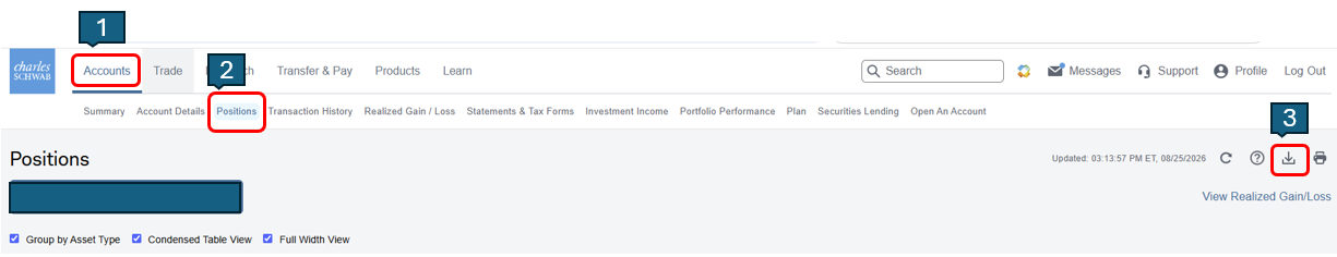 Charles Schwab Positions page with Accounts, Positions, and Download icon highlighted