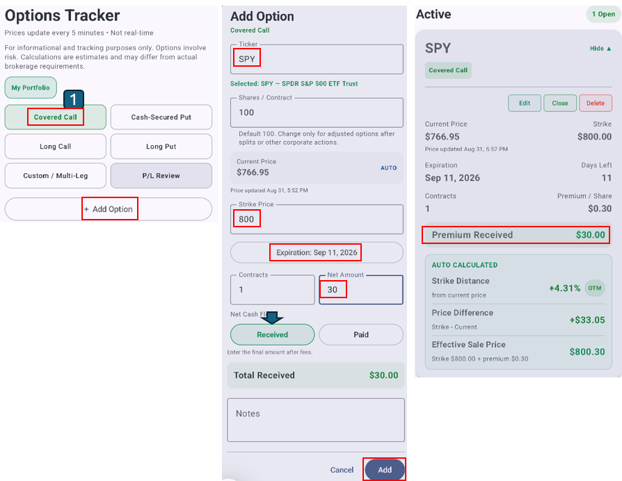How to track options in KIFOLIO