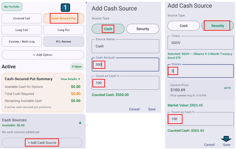 How to add cash sources for cash-secured puts in KIFOLIO